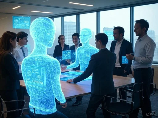 Business team discussing with holographic digital human figures in a modern office with digital displays.
