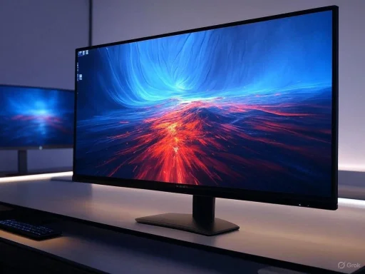 A sleek, modern computer monitor displaying a vibrant, abstract digital artwork with blue and red swirling patterns.