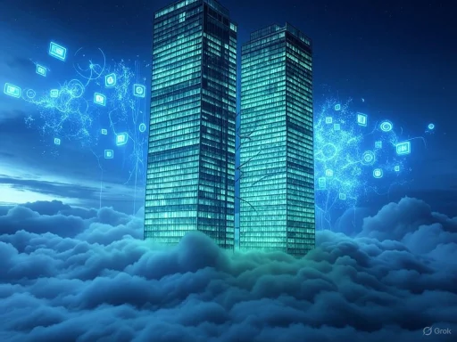 Futuristic twin skyscrapers glowing in the sky above clouds with digital data icons and energy sparks around them.