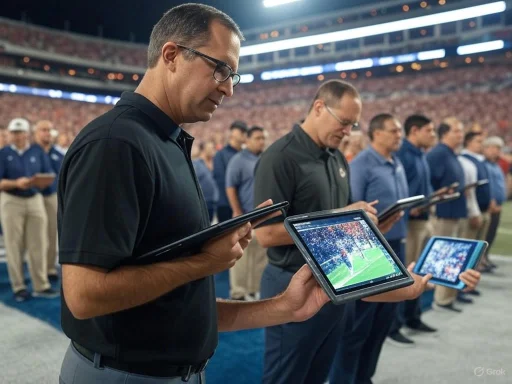 Coaches and staff stand in a line on the sidelines, focused on tablets displaying the game during a football match.