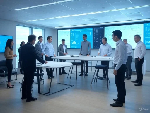 Workers participate in a company meeting or presentation in a modern conference room with digital displays.