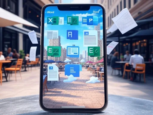 A smartphone screen shows various Microsoft Office app icons over a cityscape background with floating paper documents.