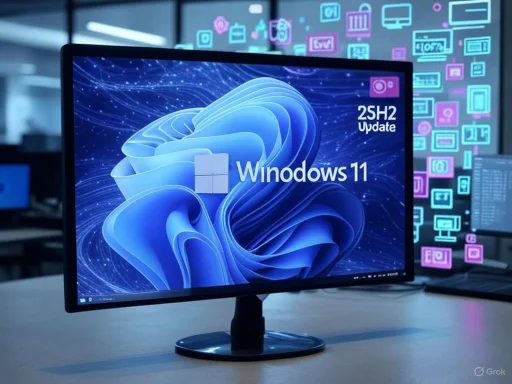 A computer monitor displays the Windows 11 update screen with the '2SH2' update version. A computer monitor displays the Windows 11 update screen with the '2SH2' update version.