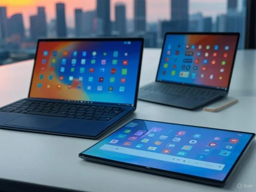 Three laptops and a tablet display colorful app icons on a white table with a city skyline in the background.