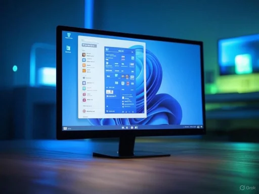 A computer monitor displays the Windows 11 desktop, set on a wooden desk in a dimly lit, modern tech environment.