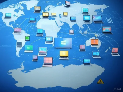 Global digital network depicted with interconnected laptops over a world map background.