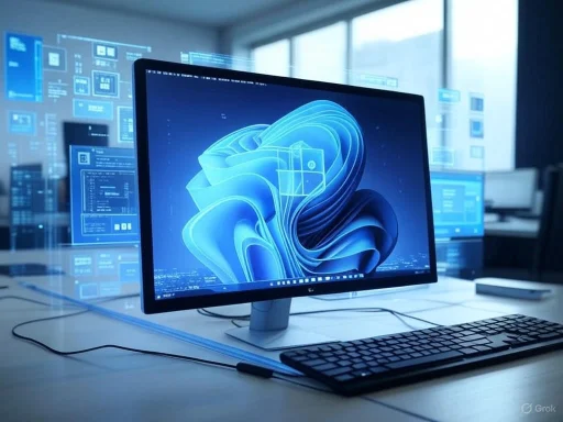 A modern computer workstation featuring a monitor with futuristic digital graphics and multiple screens displaying data.