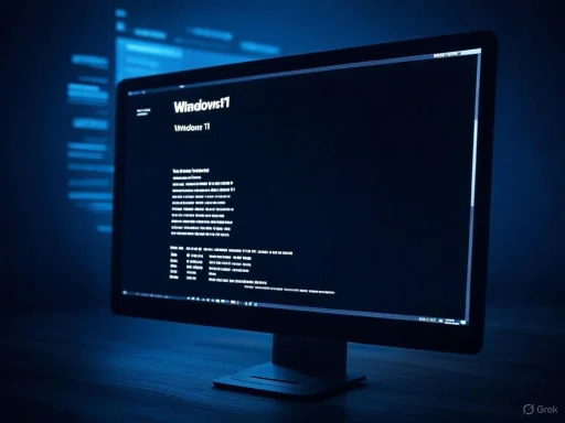 A computer screen displaying a dark-themed command prompt or code interface in a dimly lit environment.