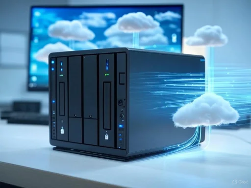 A cloud server with data streams originating from cloud icons on a computer, symbolizing cloud computing technology.