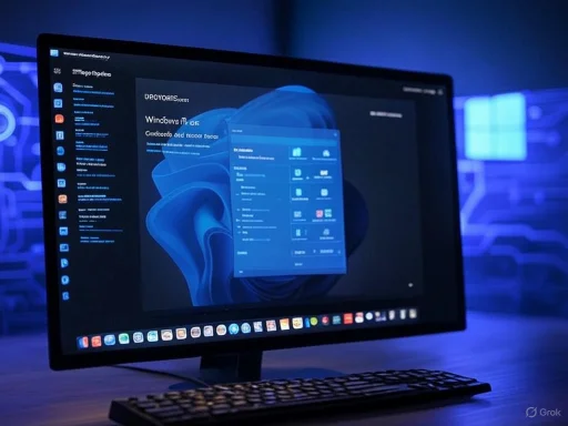 A computer monitor displays a Windows interface with a blue background, set in a dark, tech-inspired environment.