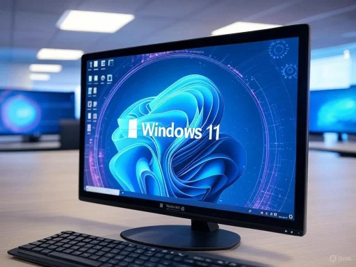 A computer monitor displays the Windows 11 desktop in an office setting with multiple screens in the background. A computer monitor displays the Windows 11 desktop in an office setting with multiple screens in the background.