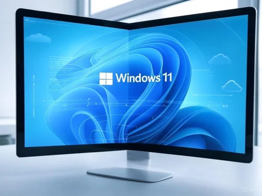 A sleek ultrawide monitor displaying the Windows 11 logo with a blue abstract background.