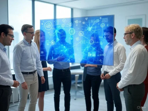 A group of professionals discusses data visually displayed on a large, high-tech digital screen in a modern office.