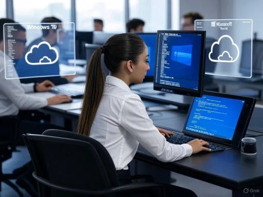 A woman works on a computer in a modern office with transparent digital screens displaying cloud icons and software updates.