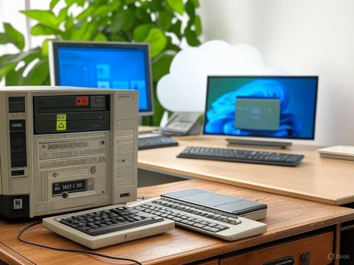A vintage computer setup on a wooden desk with modern monitors in the background.