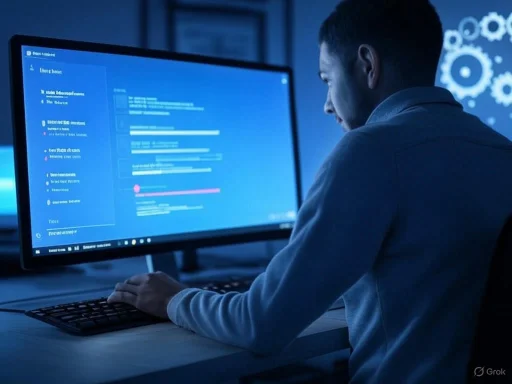 A person working on a computer in a dark room with blue digital gear graphics in the background.