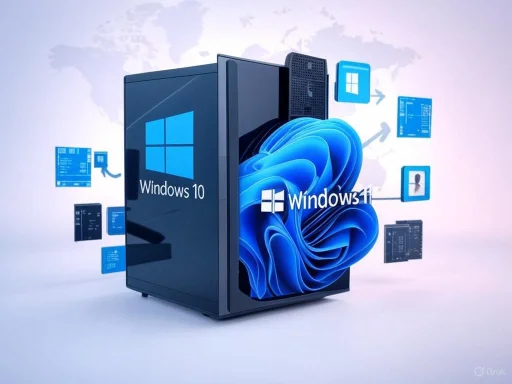 A computer tower with Windows 10 and Windows 11 logos, surrounded by floating Windows interface icons, against a world map background.