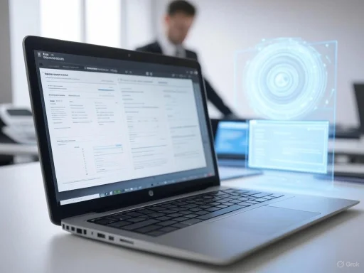 A laptop displaying a digital document, with holographic interfaces in a modern office setting.