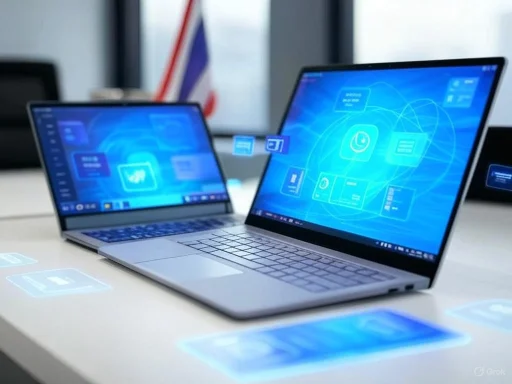 Two laptops display futuristic digital interfaces with floating data icons and network graphics.