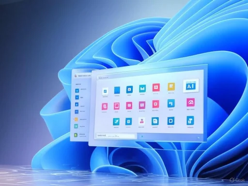 A computer screen displaying various colorful app icons against a blue abstract background.