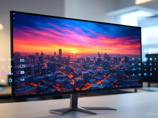 A high-resolution monitor displays a vibrant sunset over a city skyline at dusk.
