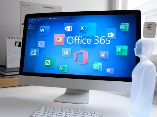 A computer screen displaying the Office 365 logo and various application icons, with a white mannequin figure beside it.