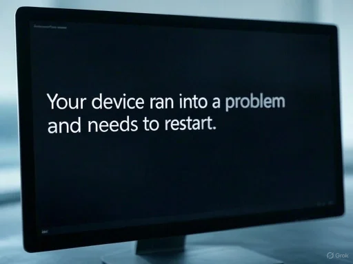 A computer screen displays a blue screen error message: 'Your device ran into a problem and needs to restart.'