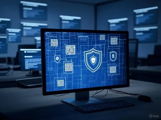 Computer screen displaying cybersecurity icons and QR codes in a dark, high-tech security operations center. Computer screen displaying cybersecurity icons and QR codes in a dark, high-tech security operations center.