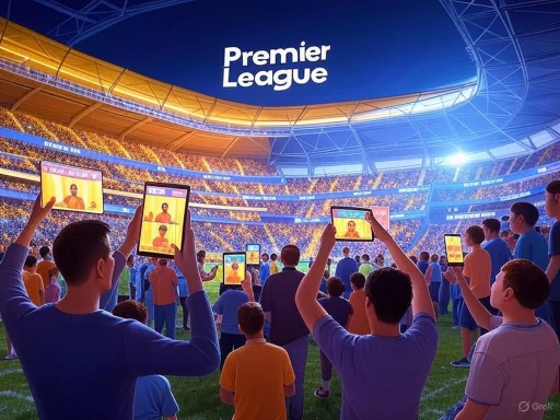 Fans in the stadium watch a live Premier League match on tablets and large screens, creating a vibrant football atmosphere.