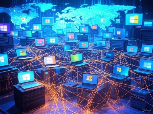 Networked computers with Windows logos connect globally, illustrating a digital world infrastructure.