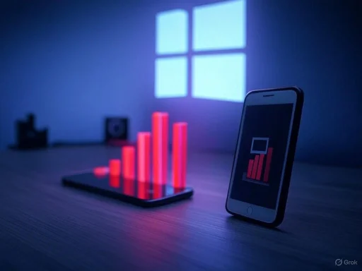 A smartphone displays a bar graph on its screen, with a Windows logo projection in the background. A smartphone displays a bar graph on its screen, with a Windows logo projection in the background.