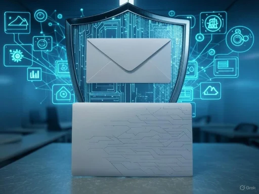 A digital shield with an email icon symbolizes cybersecurity and protection of electronic communications.