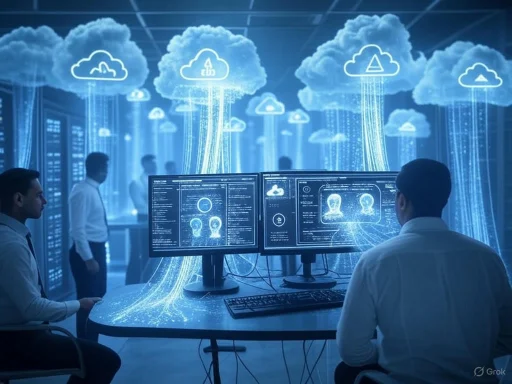 Scientists analyze digital cloud data and AI models in a futuristic, high-tech environment.