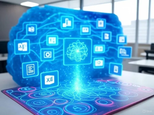 A holographic digital brain with app icons floating above a glowing surface, symbolizing AI and technology integration.