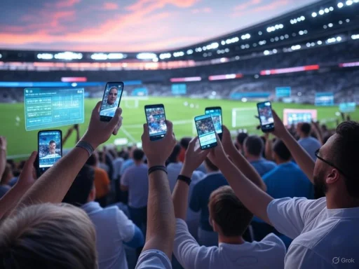 Audience at stadium captures the game on their smartphones during sunset.
