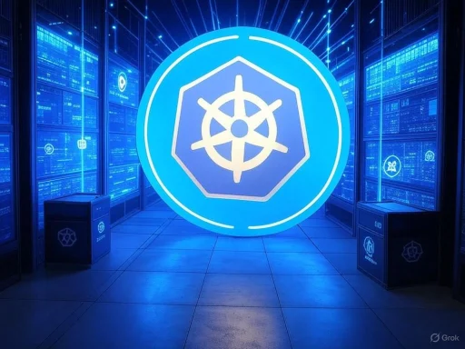 A futuristic data center with digital screens and a large, illuminated Kubernetes logo symbol at the center.