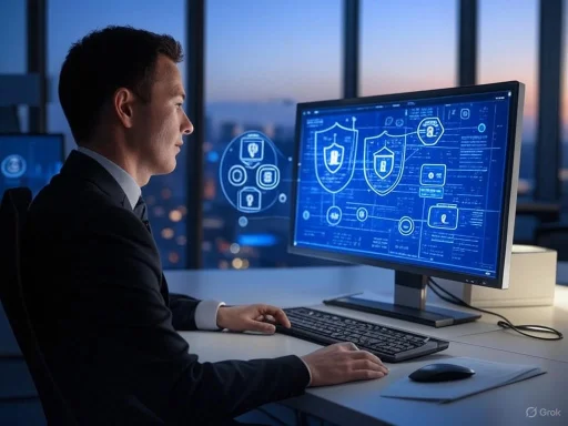 A businessman in a suit analyzes cybersecurity data on a large digital screen in a modern office at dusk.