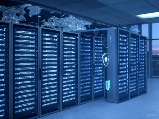 A modern data center with server racks and digital security icons, reflecting global connectivity on a map.