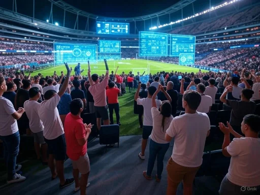 Crowd cheering during a futuristic esports or sports event in a large stadium with digital screens.