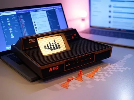 A vintage electronic chess game sits on a table in front of two open laptops displaying social media or messaging apps.