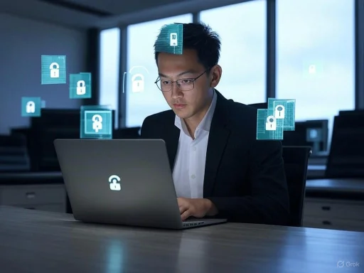 A man in a suit works on a laptop with virtual security icons floating around, symbolizing cybersecurity or data protection. A man in a suit works on a laptop with virtual security icons floating around, symbolizing cybersecurity or data protection.