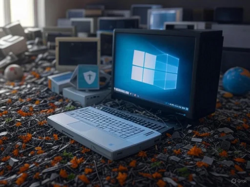 An old computer with a Windows logo on the screen lies among scattered monitors and debris on a muddy, flower-strewn ground.