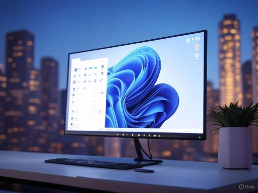 A computer monitor displays the Windows 11 desktop with a city skyline in the dark background.
