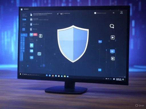 A computer monitor displays a security Shield icon on a dark interface, suggesting cybersecurity or data protection.
