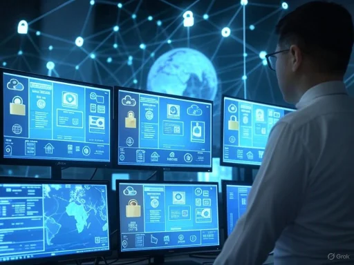 A person monitors multiple screens displaying cybersecurity and global network data in a high-tech control room.