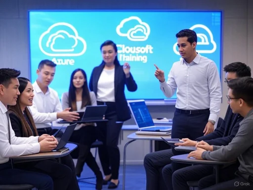 A group of professionals in a training session, with a presenter explaining concepts using a large screen displaying 'Cloudsoft Training.'