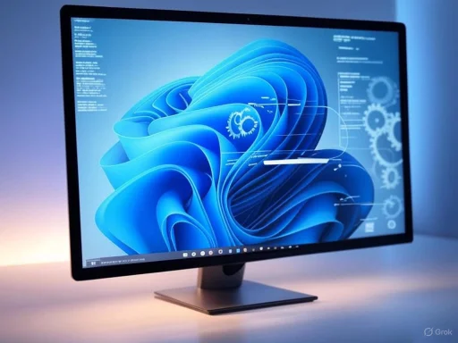 A computer monitor displays a futuristic blue digital interface with gears and data visualizations.