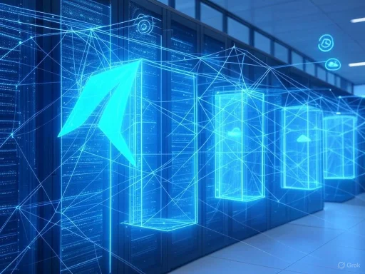 A digital, futuristic representation of data servers with glowing blue holographic overlays and connecting lines.