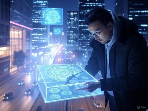 A man in glasses and a jacket uses a digital pen on a holographic futuristic touchscreen in a city at night.