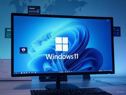 A computer monitor displays the Windows 11 desktop with a keyboard in front, set against a blue-themed background.